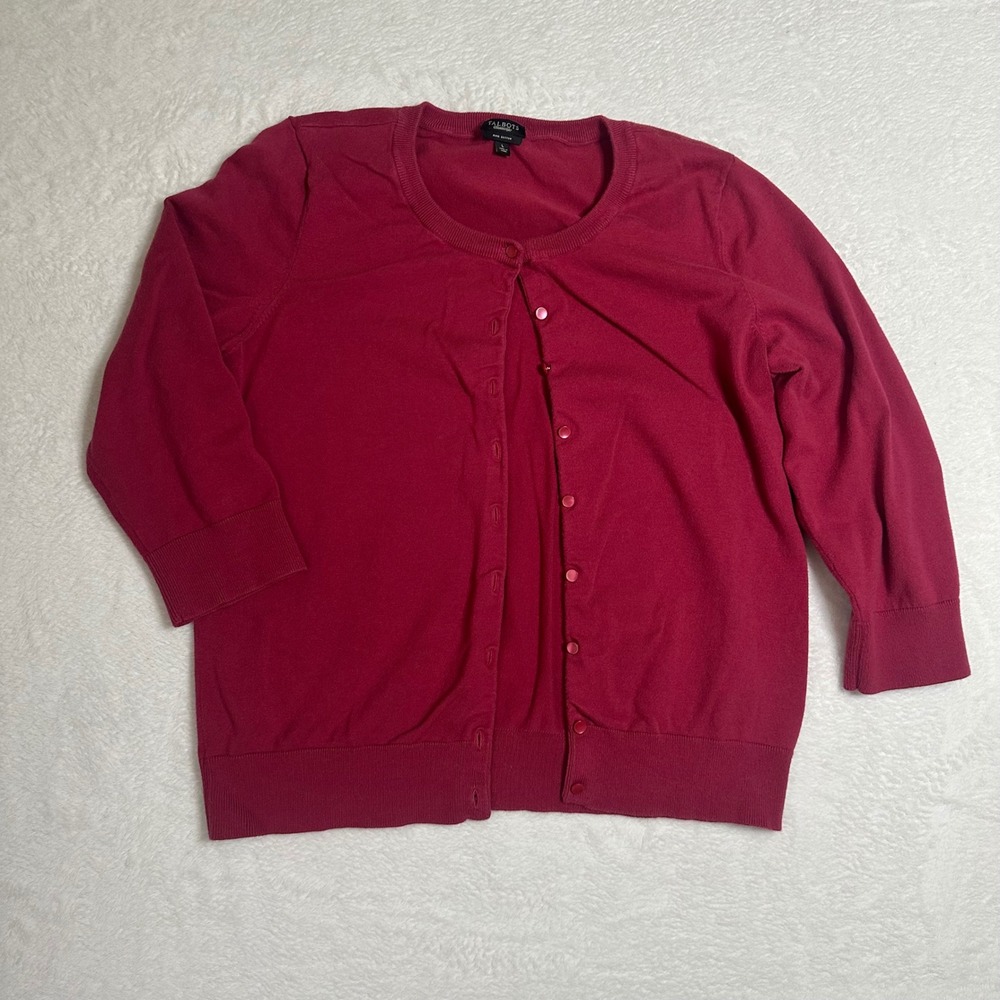 Talbots Charming Cardigan Sweater Womens L Pima Cotton 3/4 Sleeve Pink Red